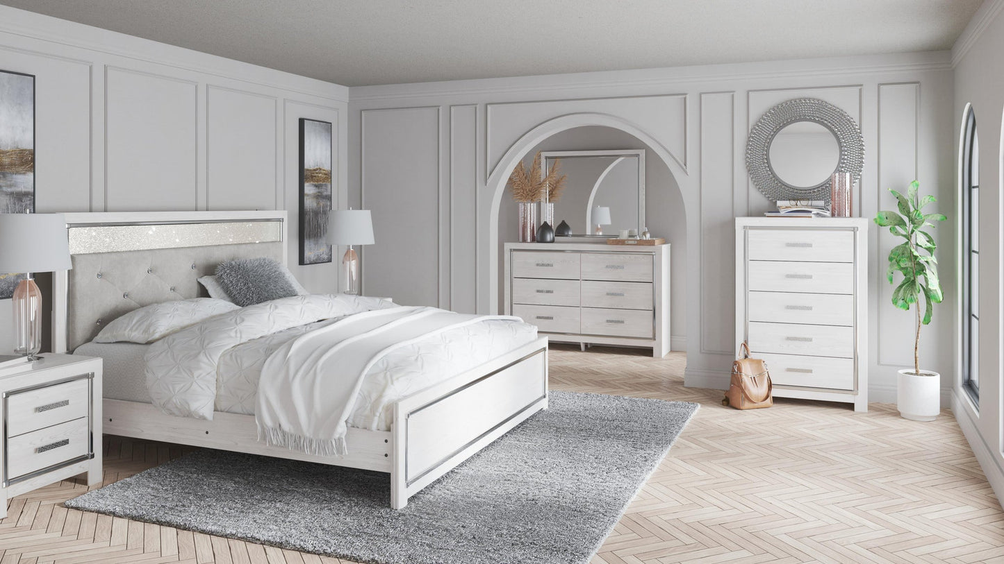 Cama Altyra King con cabecero, tocador con espejo, cómoda y mesita de noche