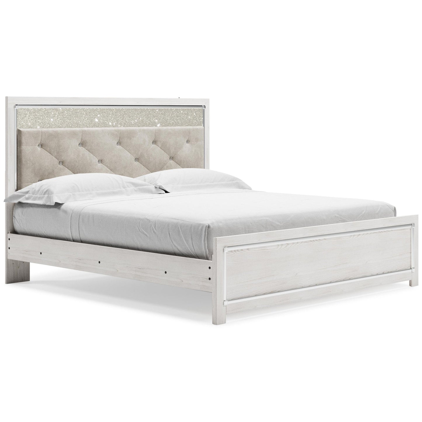 Cama Altyra King con cabecero, tocador con espejo, cómoda y mesita de noche