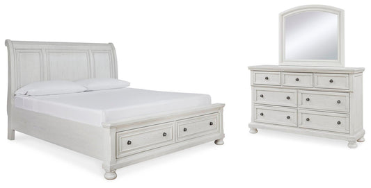 Cama Robbinsdale King tipo trineo con almacenamiento y tocador con espejo