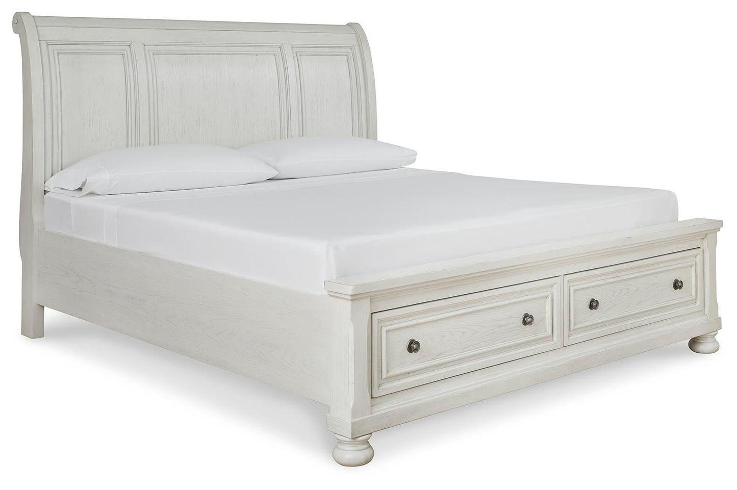 Cama Robbinsdale King estilo trineo con almacenaje, tocador con espejo, cómoda y mesita de noche