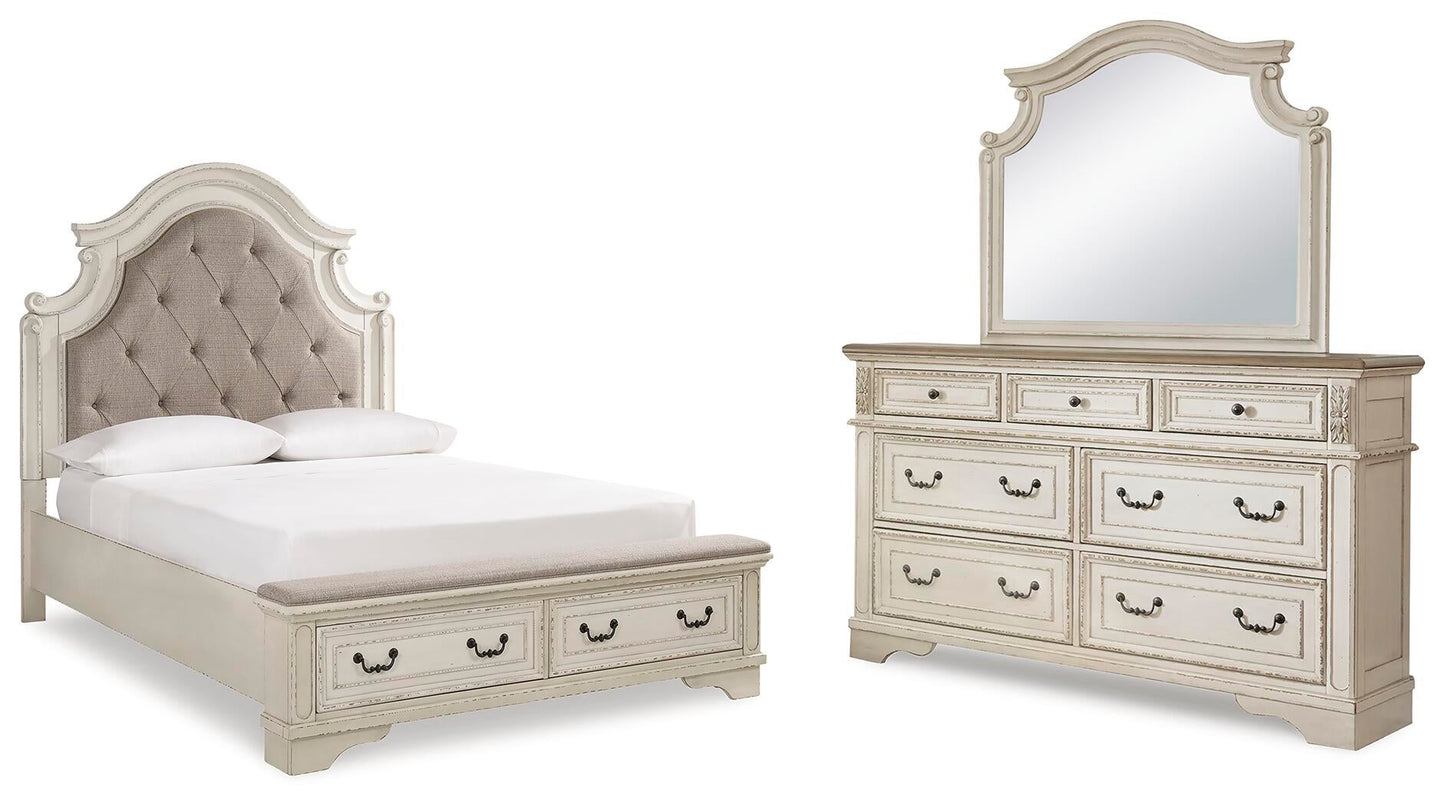 Cama tapizada Realyn tamaño Queen con tocador con espejo