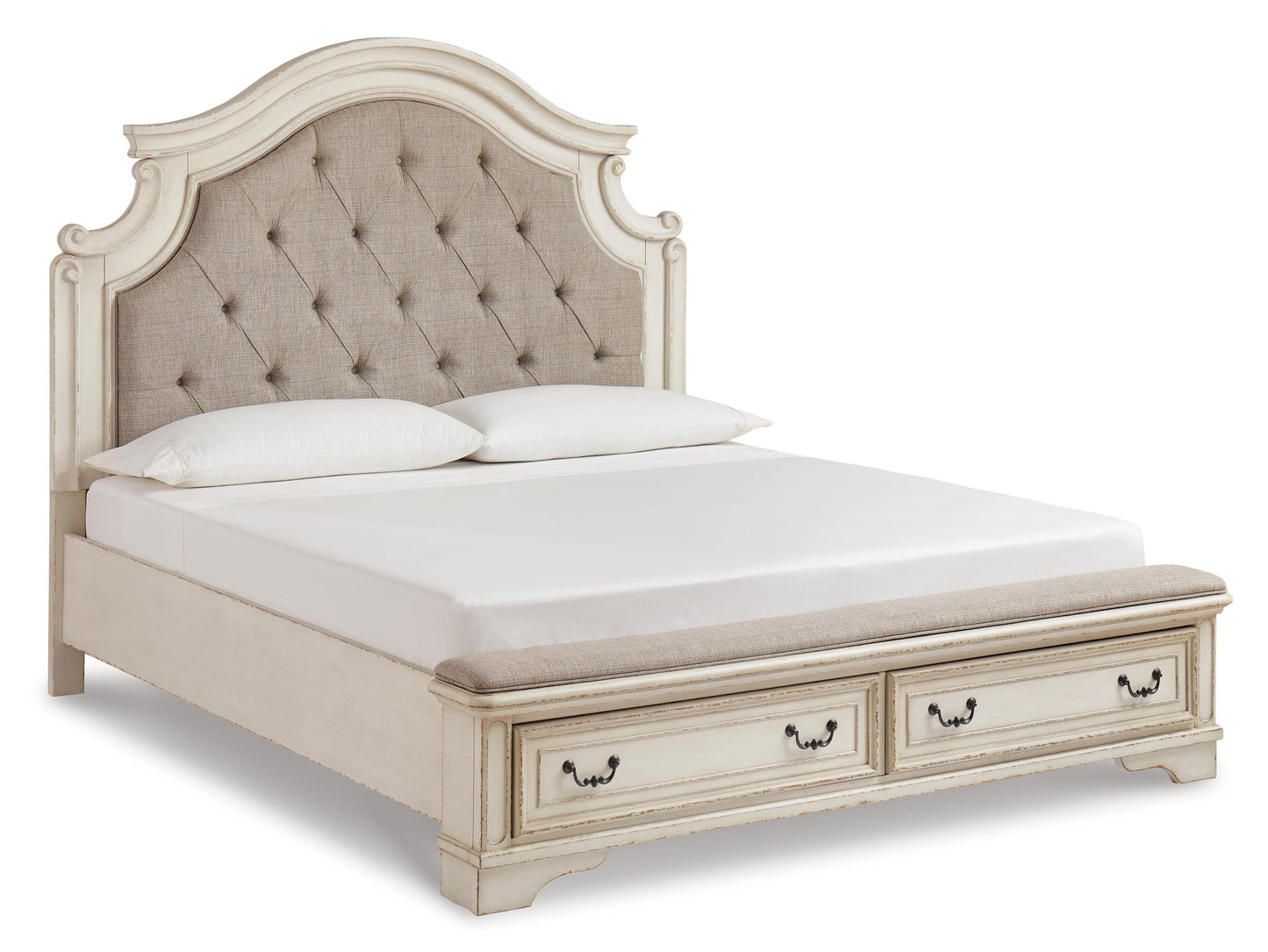 Cama tapizada Realyn tamaño Queen con tocador con espejo