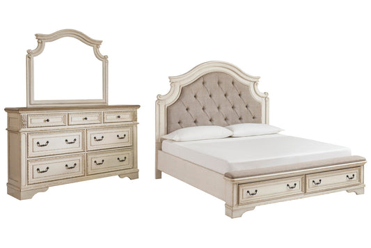 Cama tapizada Realyn tamaño California King con tocador con espejo