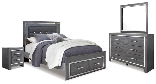 Cama Lodanna tamaño Queen con cabecero y dos cajones, tocador con espejo y mesita de noche.
