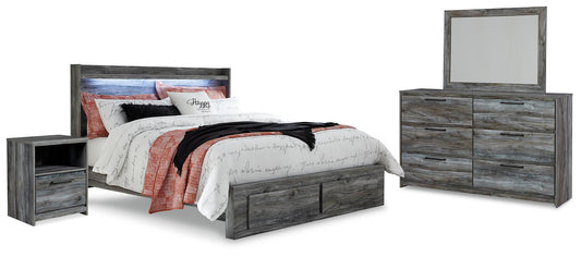 Cama Baystorm tamaño King con dos cajones, tocador con espejo y mesita de noche.