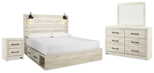 Cama Cambeck tamaño King con cabecero y dos cajones, tocador con espejo y mesita de noche.