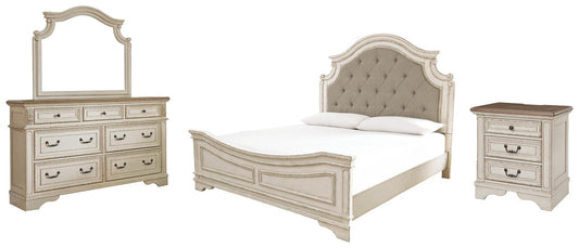 Cama tapizada Realyn tamaño King con tocador y mesita de noche con espejo