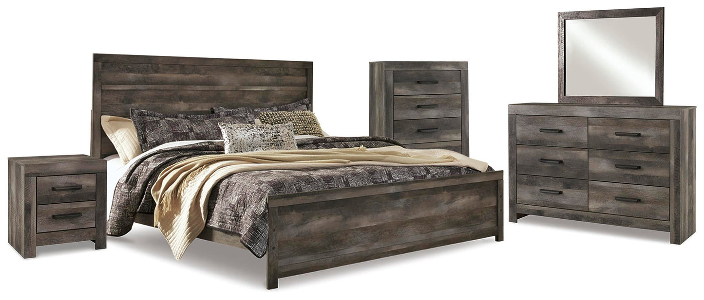 Cama Wynnlow tamaño King con cabecero, tocador con espejo, cómoda y mesita de noche