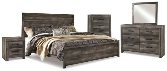 Cama Wynnlow tamaño King con cabecero, tocador con espejo, cómoda y mesita de noche
