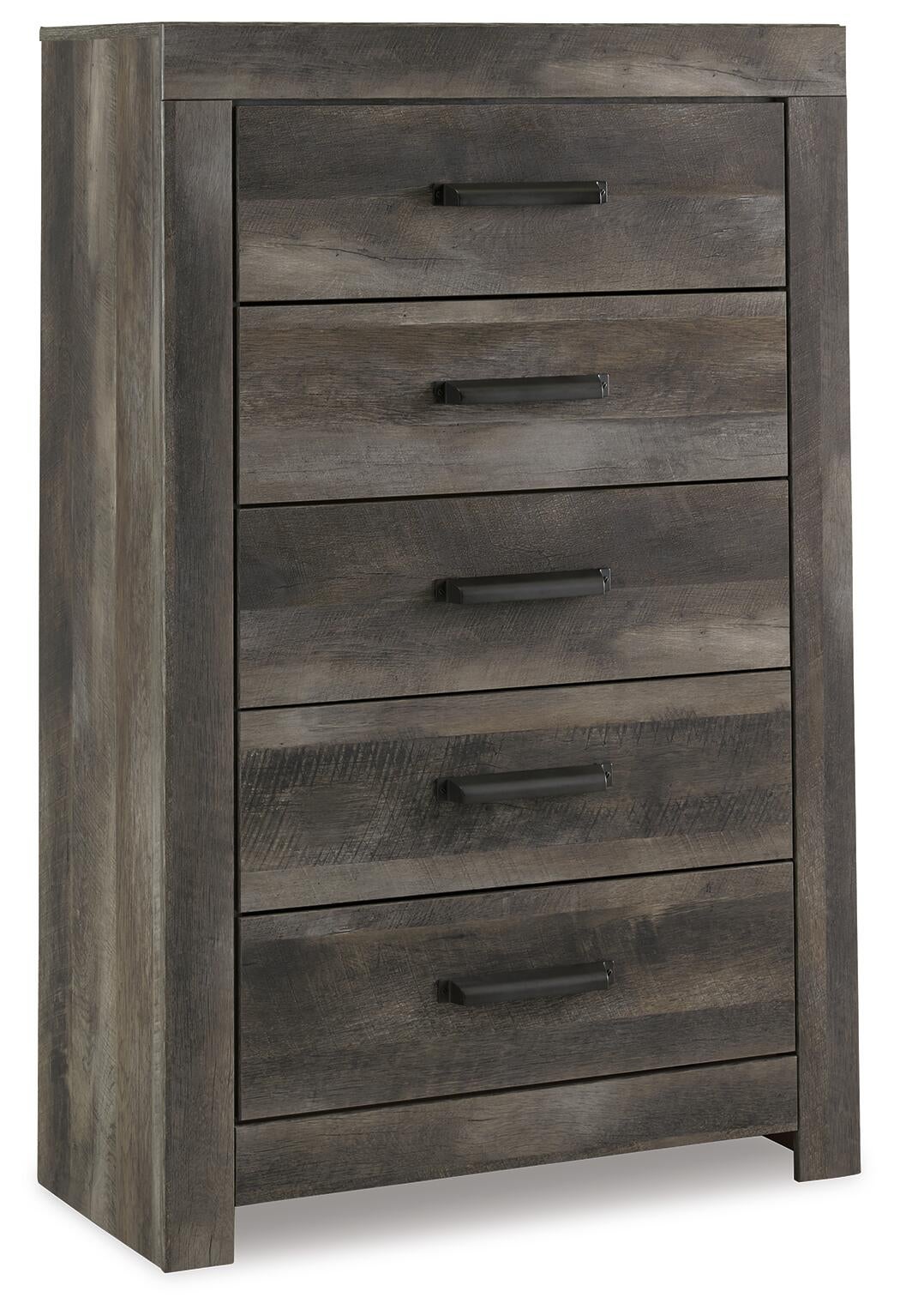 Cama Wynnlow tamaño King con cabecero, tocador con espejo, cómoda y mesita de noche