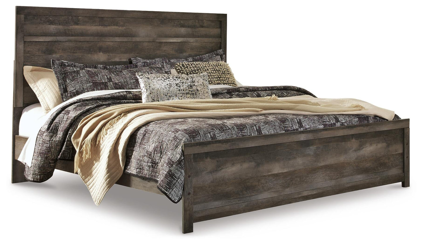 Cama Wynnlow tamaño King con cabecero, tocador con espejo, cómoda y mesita de noche