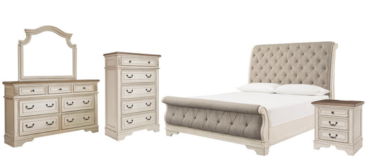 Cama Realyn California King estilo trineo con tocador con espejo, cómoda y mesita de noche