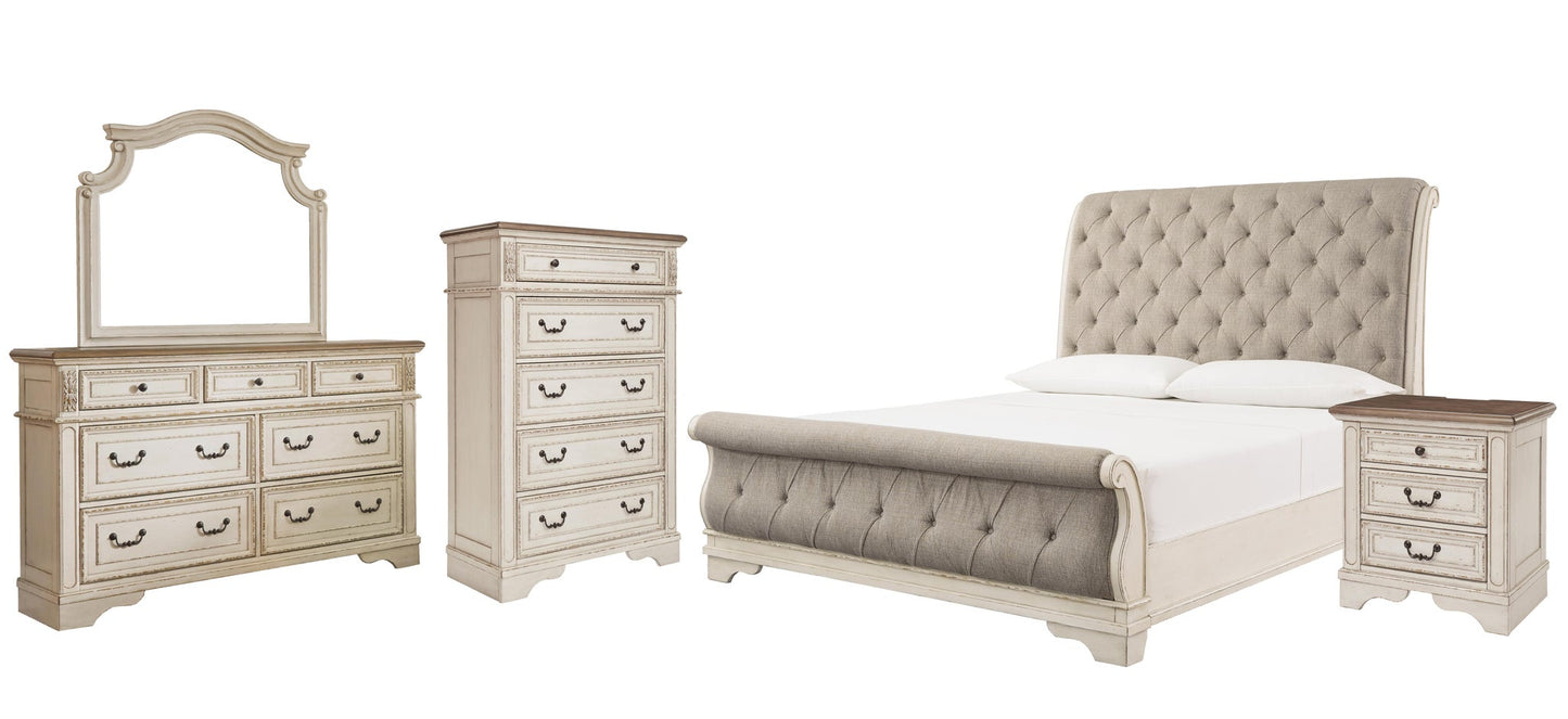 Cama de matrimonio Realyn con tocador con espejo, cómoda y mesita de noche