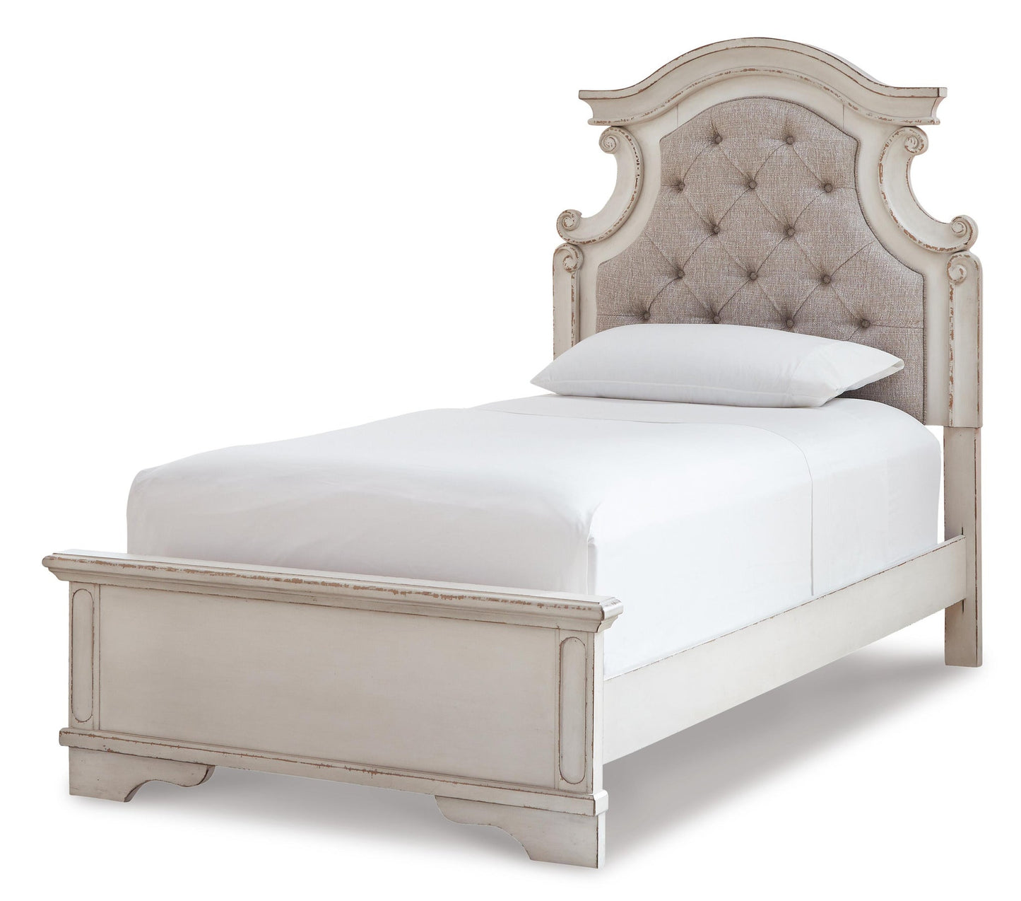 Cama doble Realyn con tocador con espejo, cómoda y mesita de noche