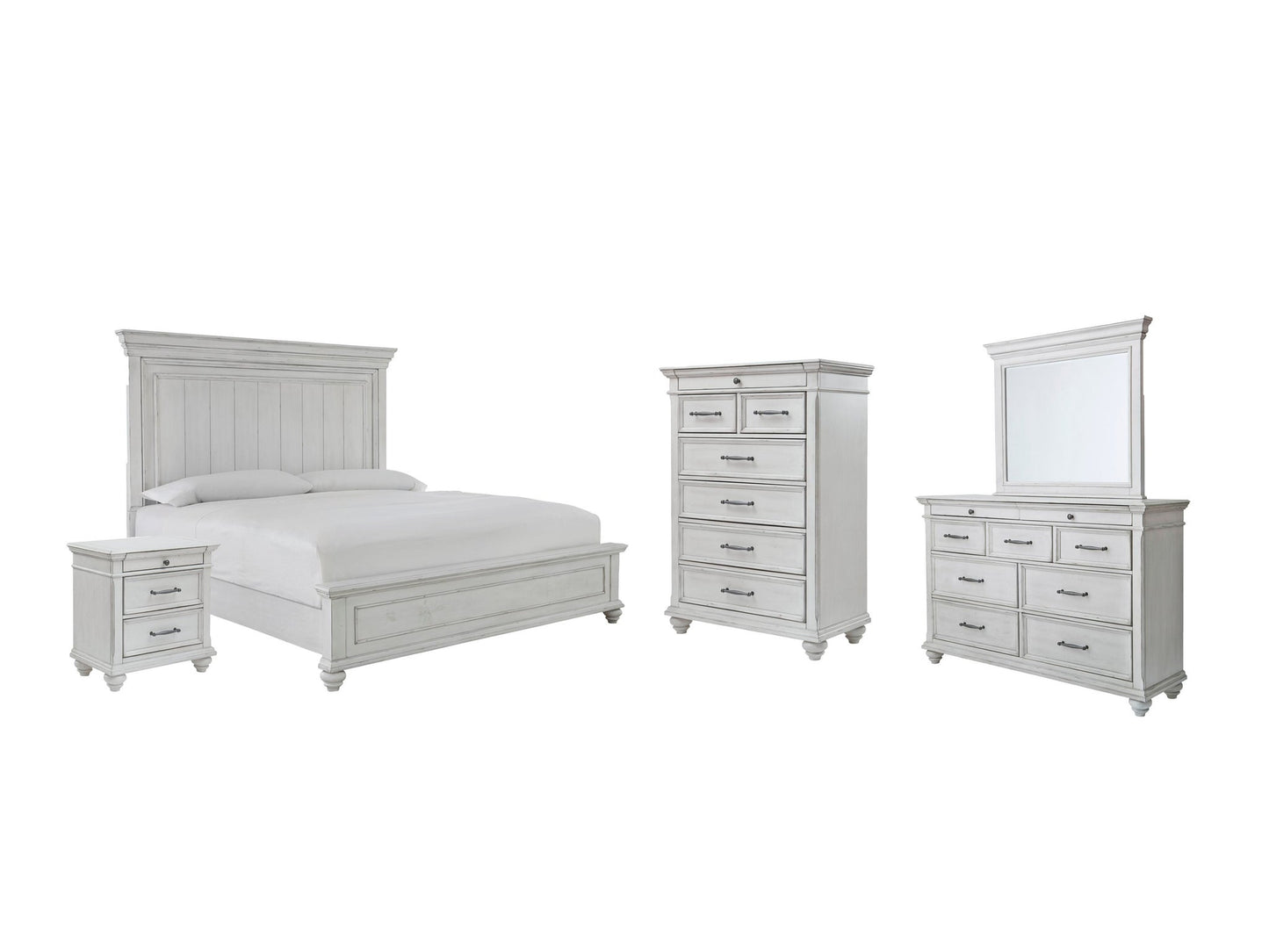 Cama Kanwyn Queen con cabecero, tocador con espejo, cómoda y mesita de noche