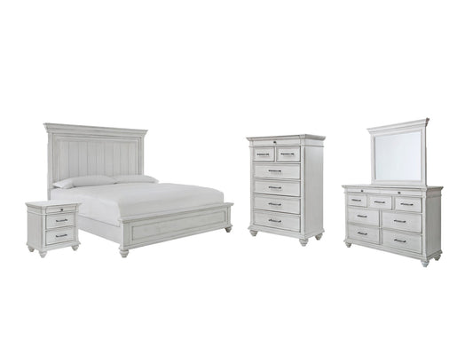 Cama Kanwyn Queen con cabecero, tocador con espejo, cómoda y mesita de noche