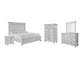 Cama Kanwyn Queen con cabecero, tocador con espejo, cómoda y mesita de noche