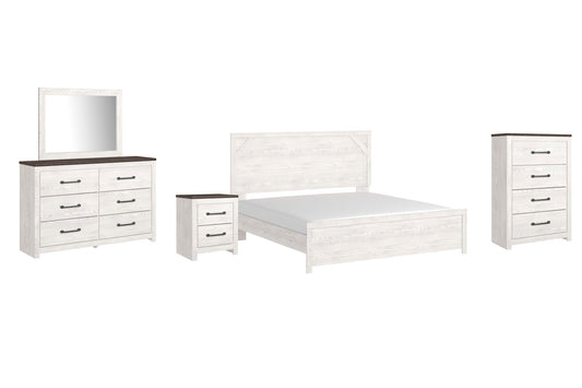Cama Gerridan tamaño King con cabecero, tocador con espejo, cómoda y mesita de noche
