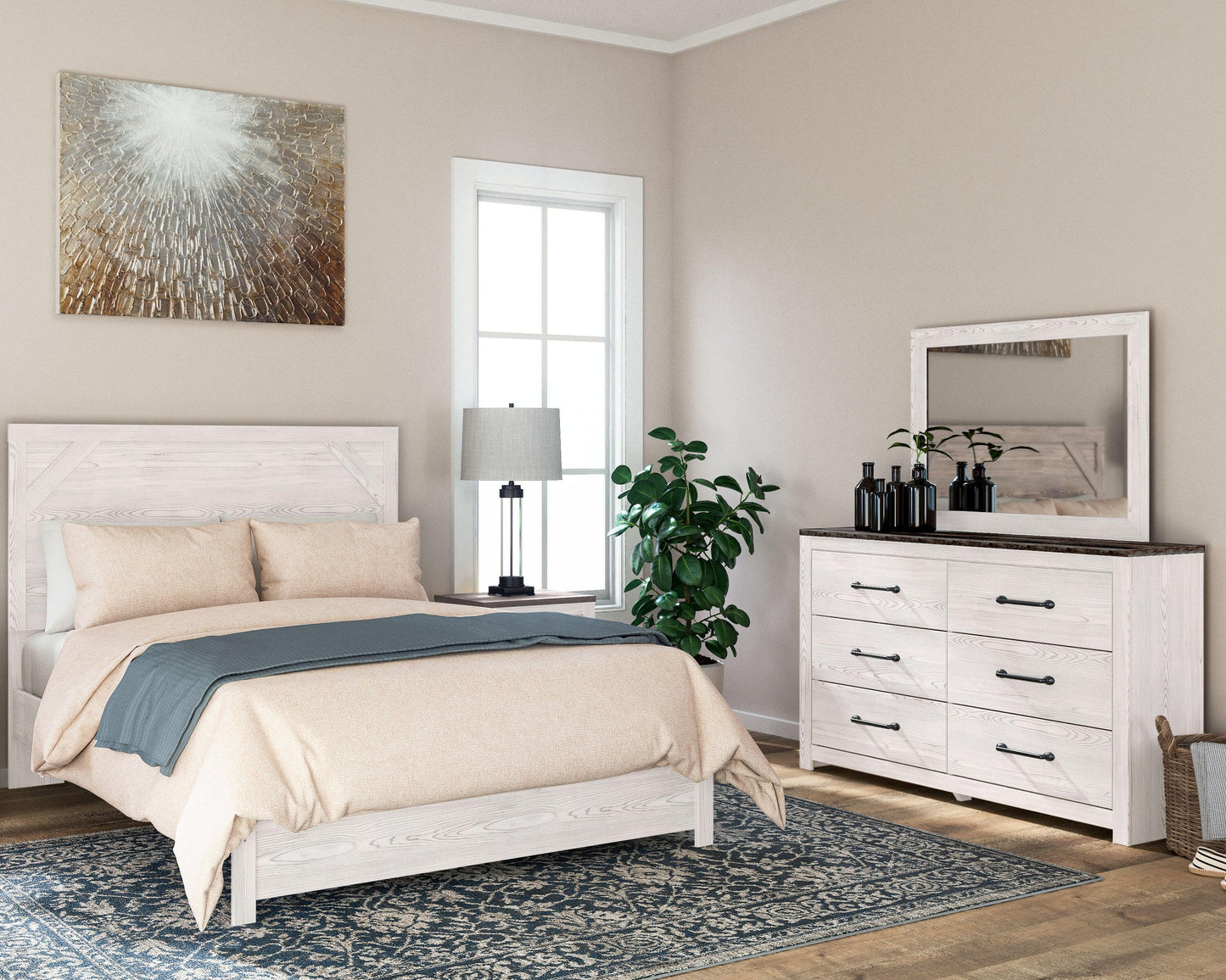 Cama Gerridan Queen con cabecero y tocador con espejo