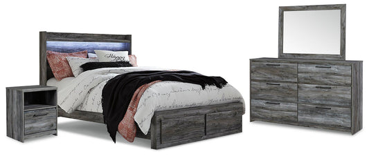 Cama Baystorm tamaño Queen con dos cajones, tocador con espejo y mesita de noche.