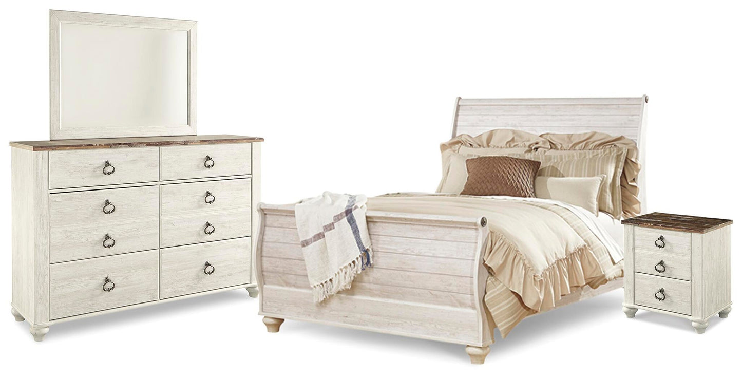 Cama Willowton Queen tipo trineo con tocador con espejo y mesita de noche