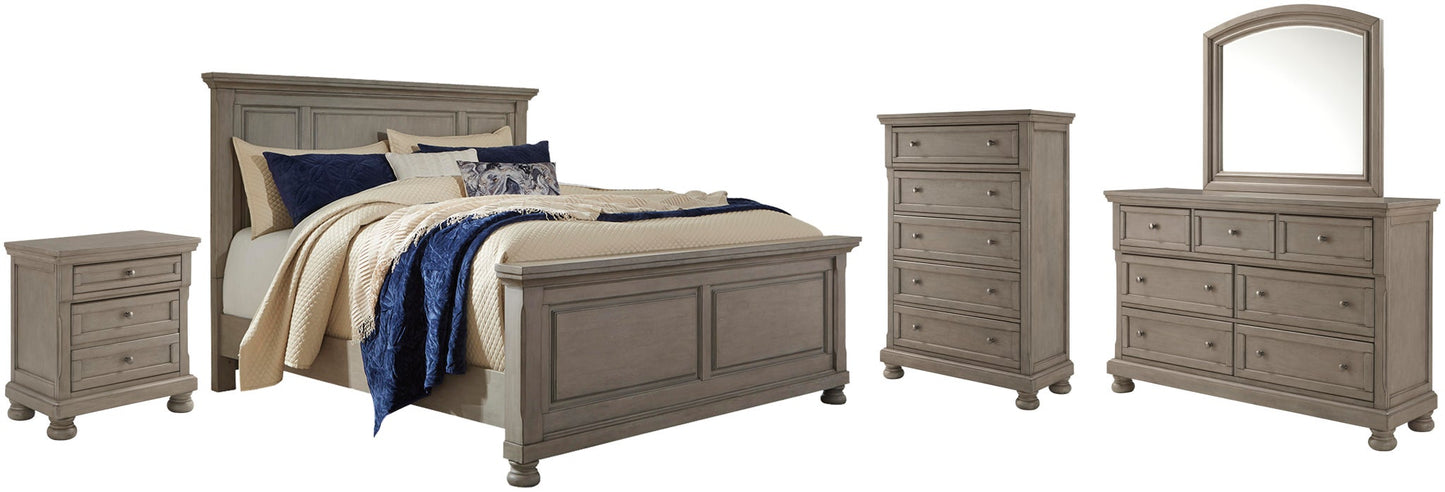 Cama Lettner tamaño King con cabecero, tocador con espejo, cómoda y mesita de noche