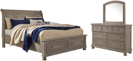 Cama Lettner Queen tipo trineo con 2 cajones de almacenamiento y tocador con espejo