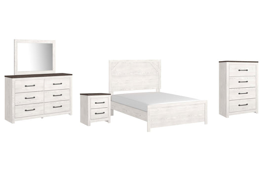 Cama Gerridan de tamaño completo con tocador con espejo, cómoda y mesita de noche