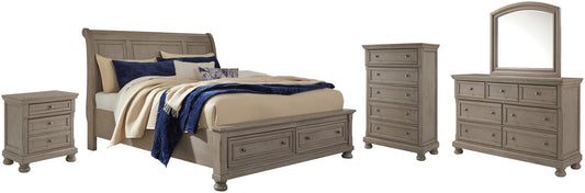 Cama Lettner California King tipo trineo con tocador con espejo, cómoda y mesita de noche