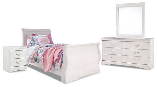 Cama doble Anarasia estilo trineo con tocador con espejo y mesita de noche