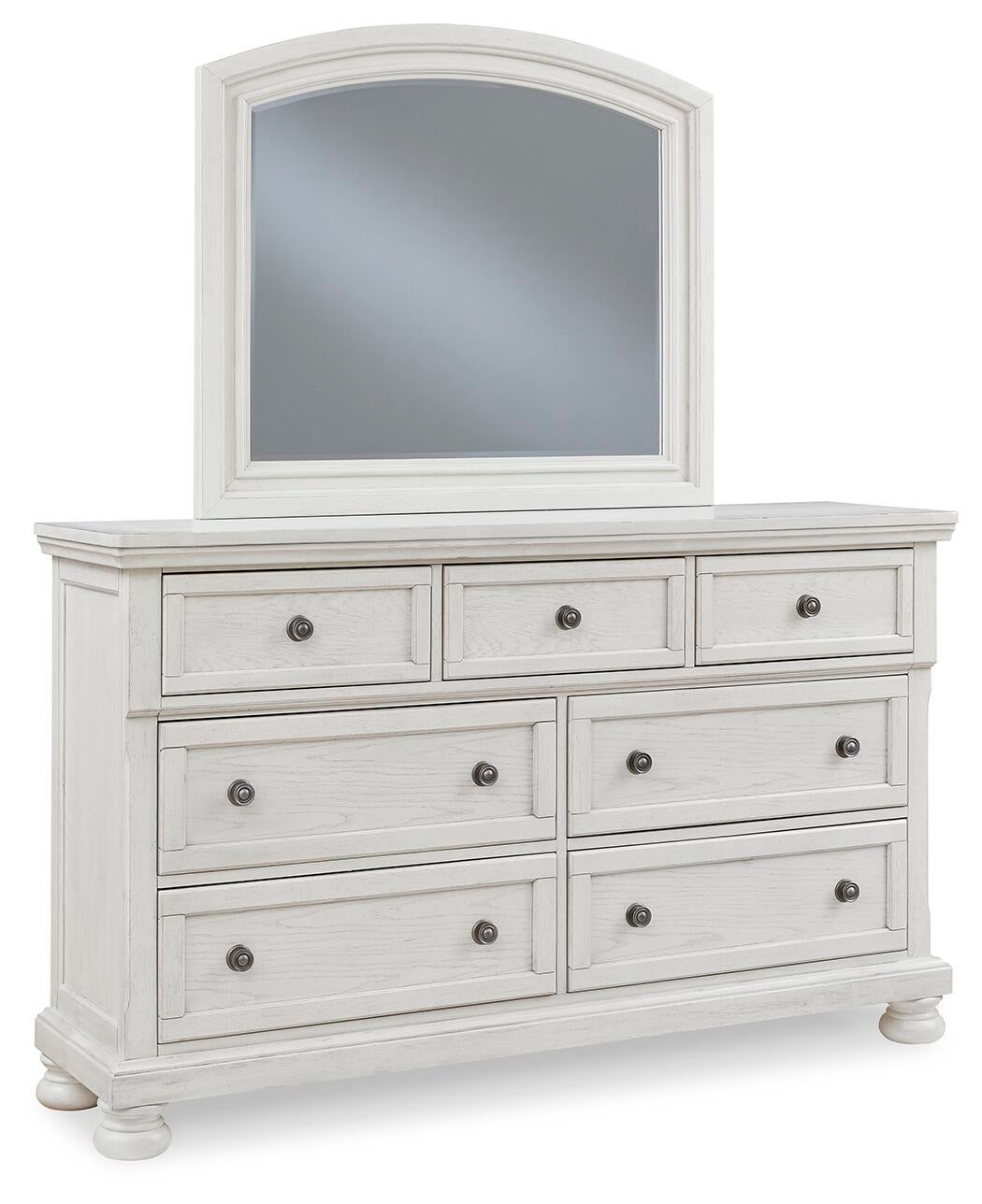 Cama Robbinsdale Queen tipo trineo con almacenaje, tocador con espejo, cómoda y mesita de noche