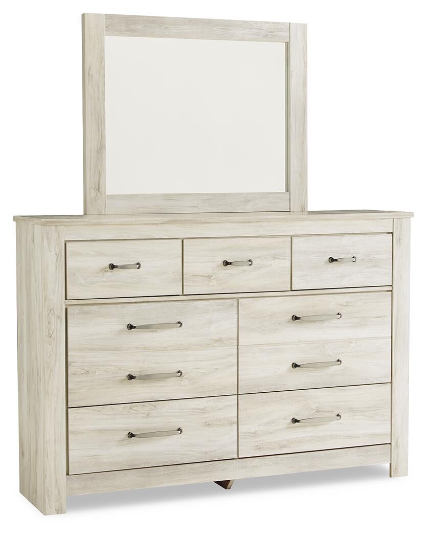 Cama Bellaby Queen con plataforma, dos cajones de almacenamiento, tocador con espejo y mesita de noche.