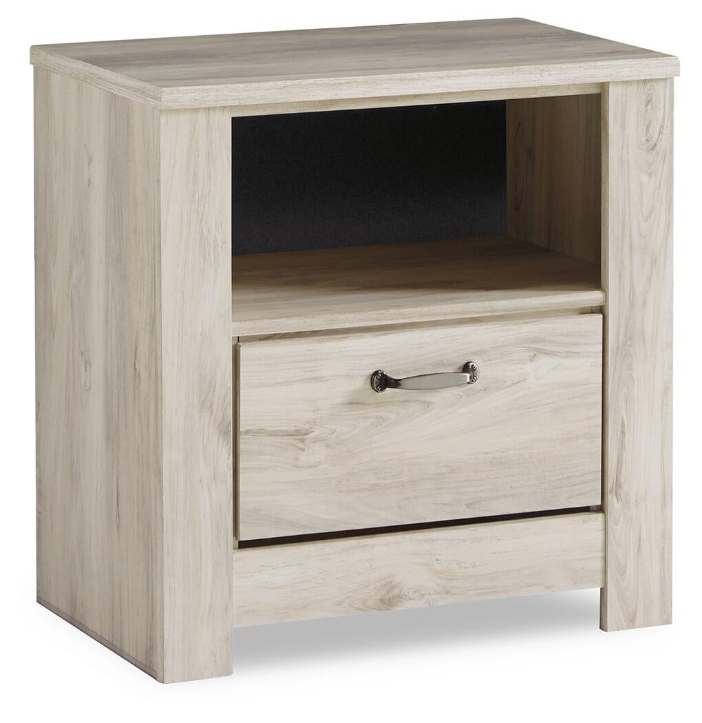 Cama Bellaby Queen con plataforma, dos cajones de almacenamiento, tocador con espejo y mesita de noche.