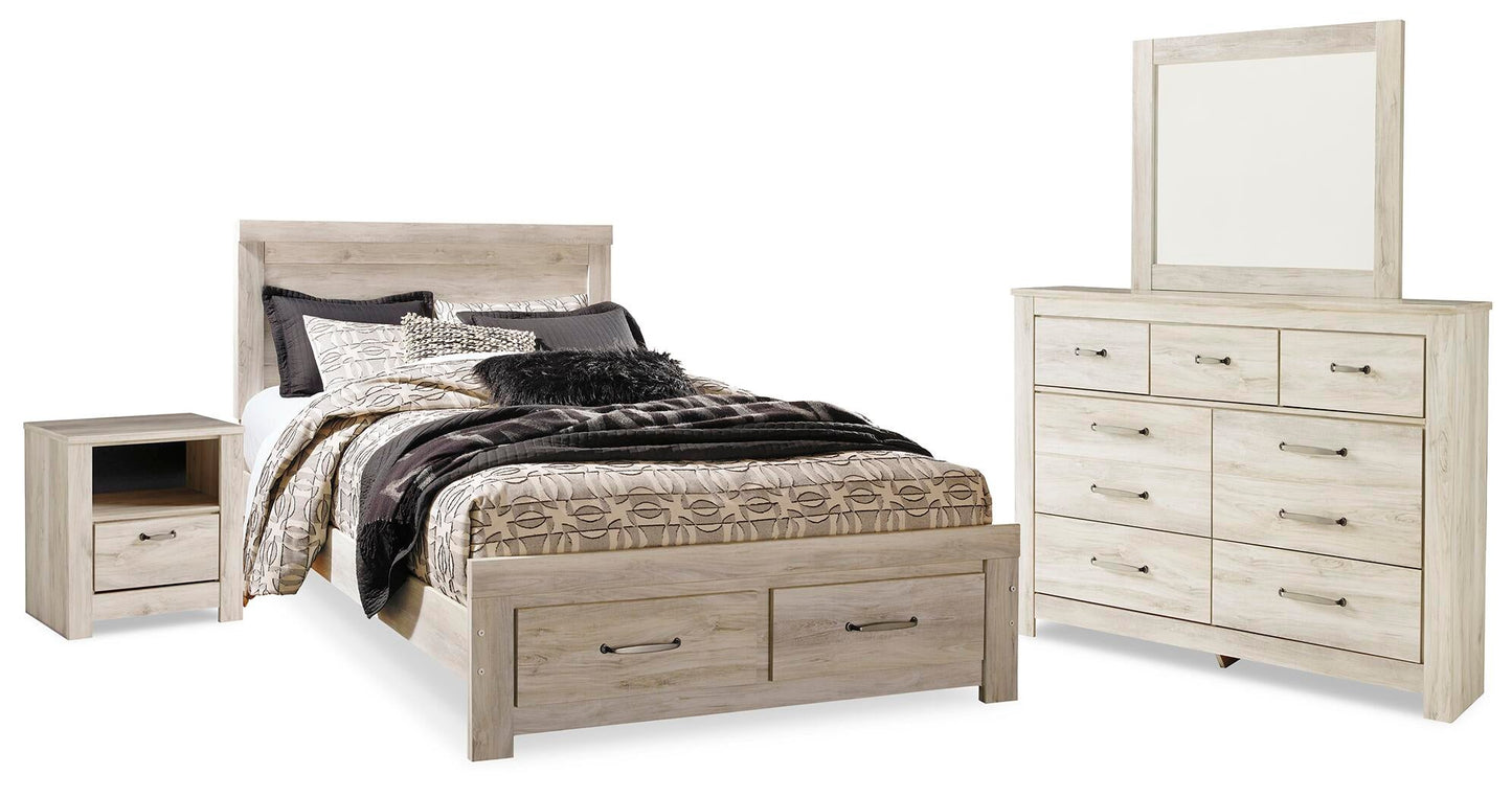 Cama Bellaby Queen con plataforma, dos cajones de almacenamiento, tocador con espejo y mesita de noche.