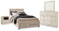 Cama Bellaby Queen con plataforma, dos cajones de almacenamiento, tocador con espejo y mesita de noche.