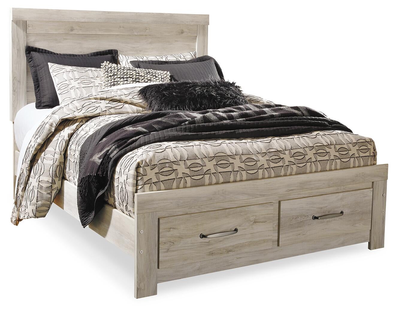 Cama Bellaby Queen con plataforma, dos cajones de almacenamiento, tocador con espejo y mesita de noche.