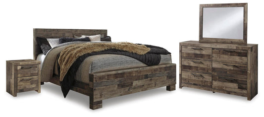 Cama Derekson tamaño king con cabecero, tocador con espejo y mesita de noche