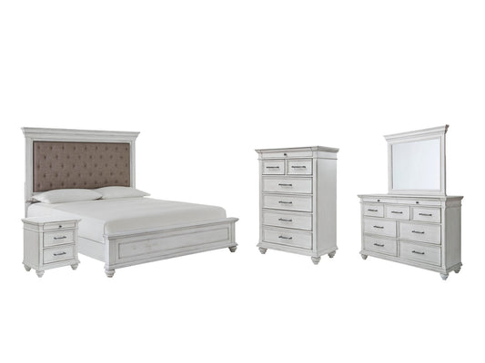 Cama Kanwyn Queen con cabecero, tocador con espejo, cómoda y mesita de noche