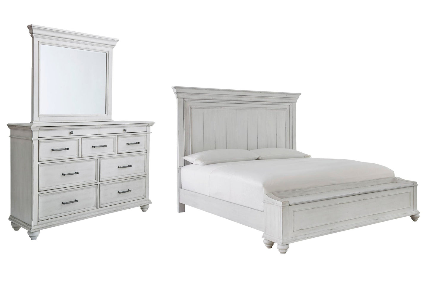 Cama Kanwyn King con cabecero y almacenaje, y tocador con espejo