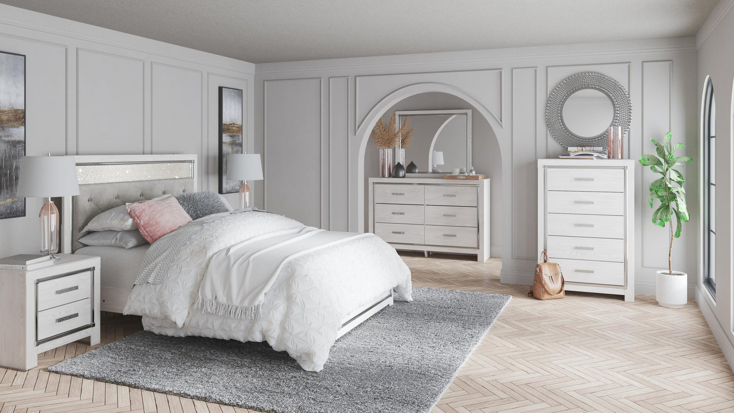 Cama Altyra tamaño Queen con cabecero, tocador con espejo, cómoda y mesita de noche