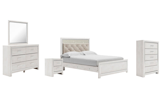 Cama Altyra tamaño Queen con cabecero, tocador con espejo, cómoda y mesita de noche