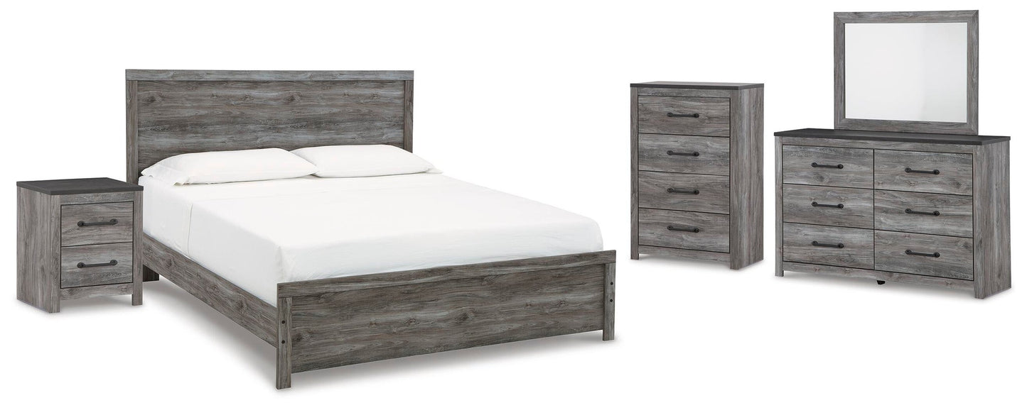 Cama Bronyan tamaño king con cabecero, tocador con espejo, cómoda y mesita de noche