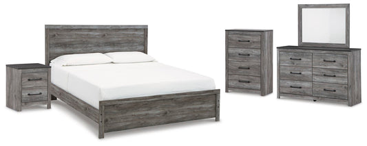 Cama Bronyan tamaño king con cabecero, tocador con espejo, cómoda y mesita de noche