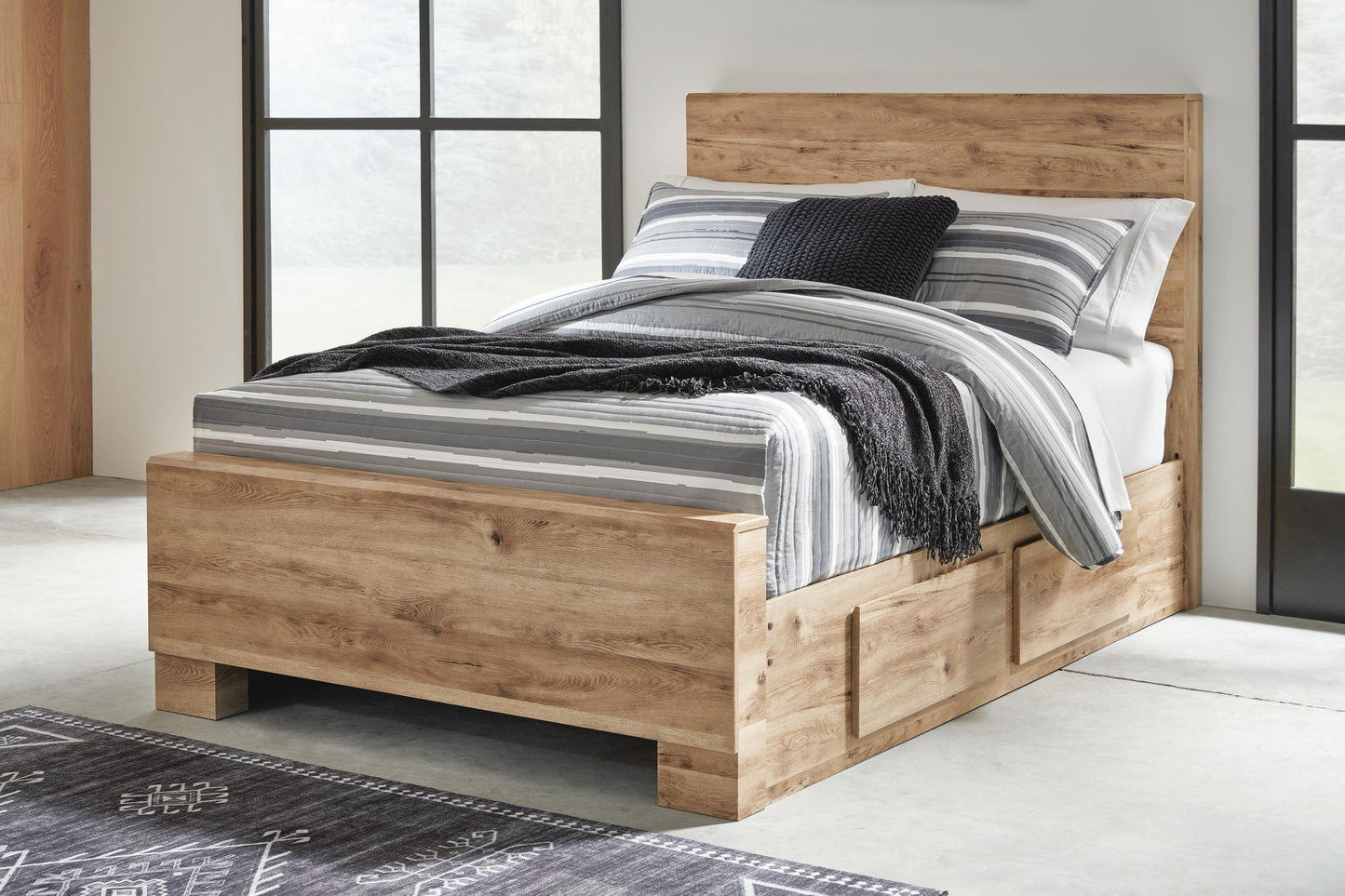 Cama Hyanna de tamaño completo con almacenamiento, tocador con espejo, cómoda y mesita de noche.