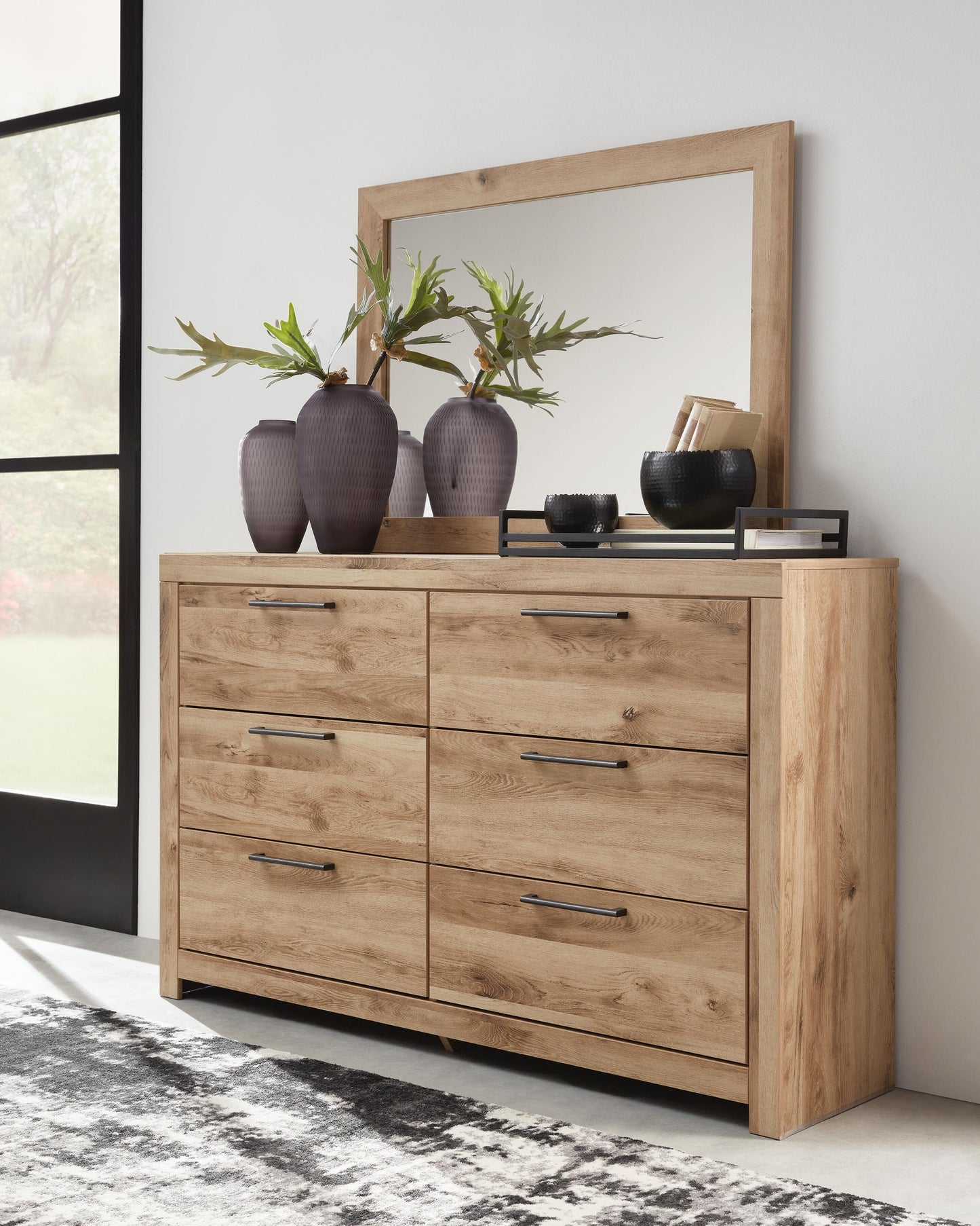 Cama Hyanna de tamaño completo con almacenamiento, tocador con espejo, cómoda y mesita de noche.