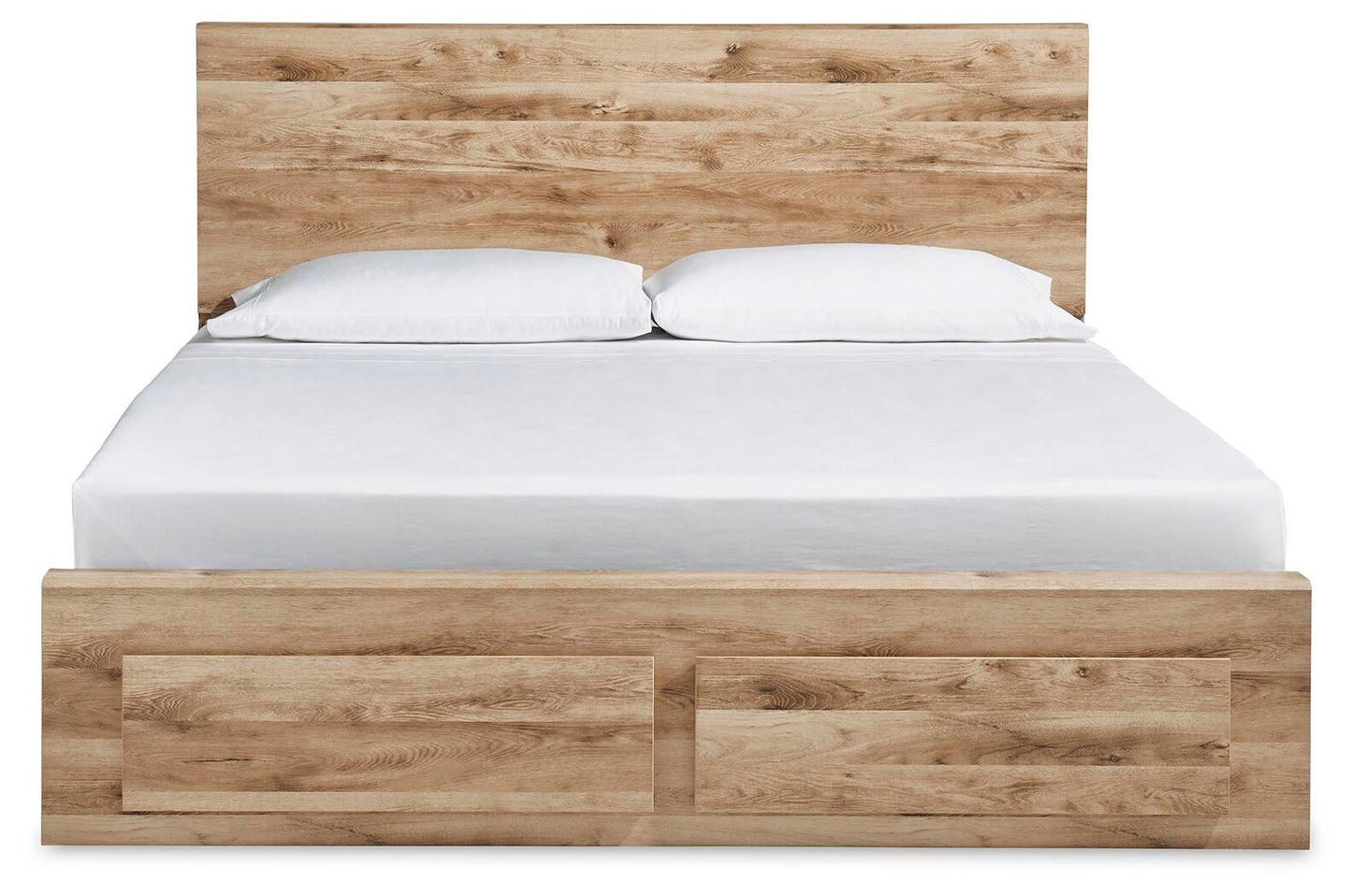 Cama Hyanna King con cabecero, tocador con espejo, cómoda y mesita de noche.