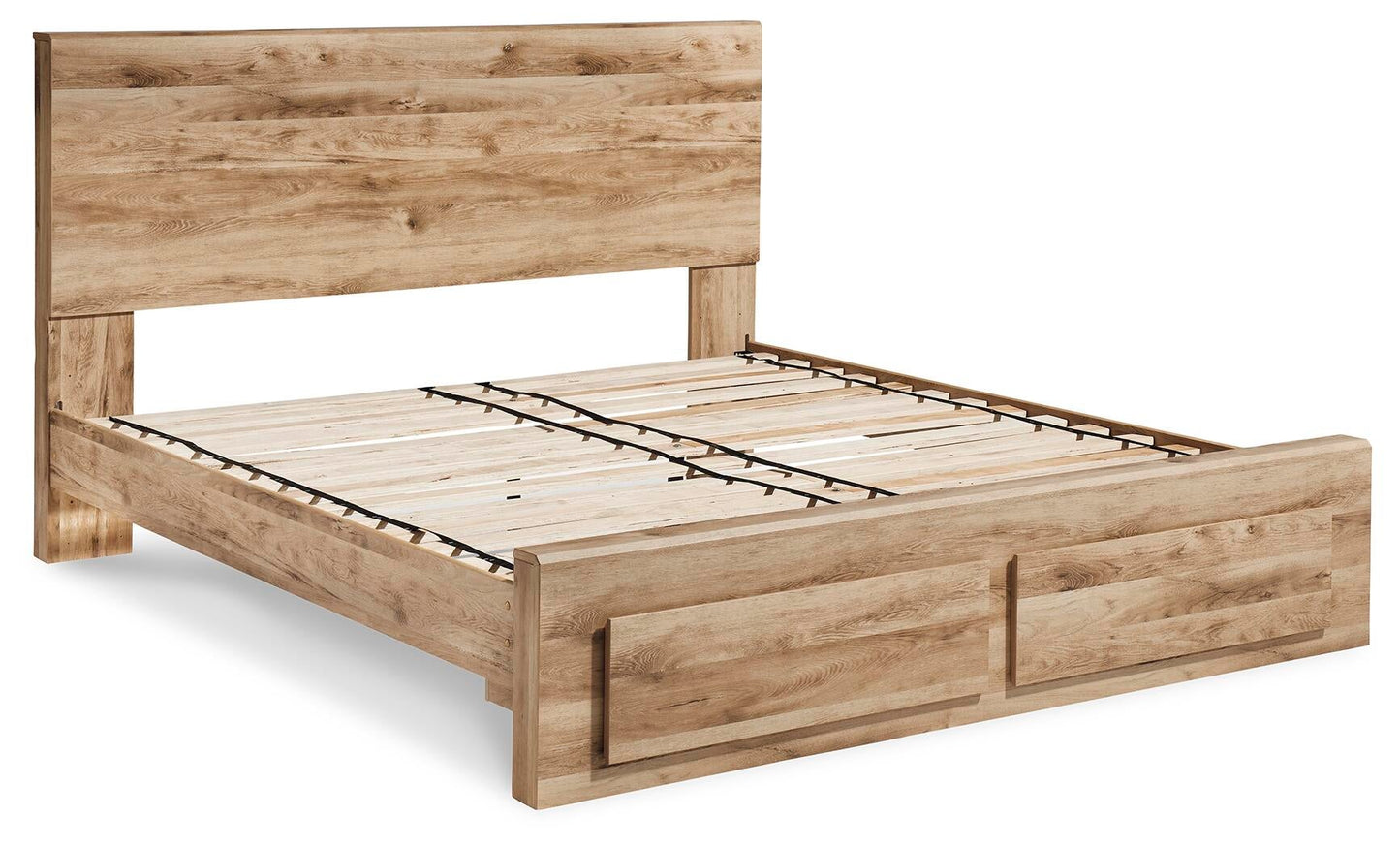 Cama Hyanna King con cabecero, tocador con espejo, cómoda y mesita de noche.