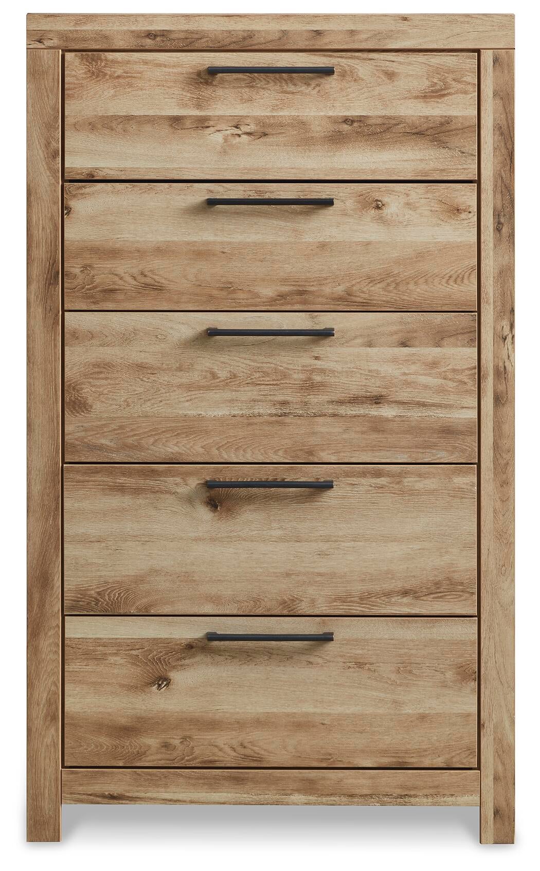 Cama Hyanna King con cabecero, tocador con espejo, cómoda y mesita de noche.