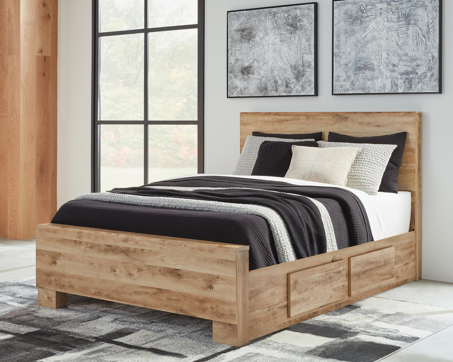 Cama Hyanna Queen con cabecero y almacenamiento, y tocador con espejo