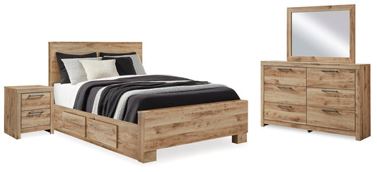 Cama Hyanna Queen con cabecero y almacenaje, tocador con espejo y mesita de noche.
